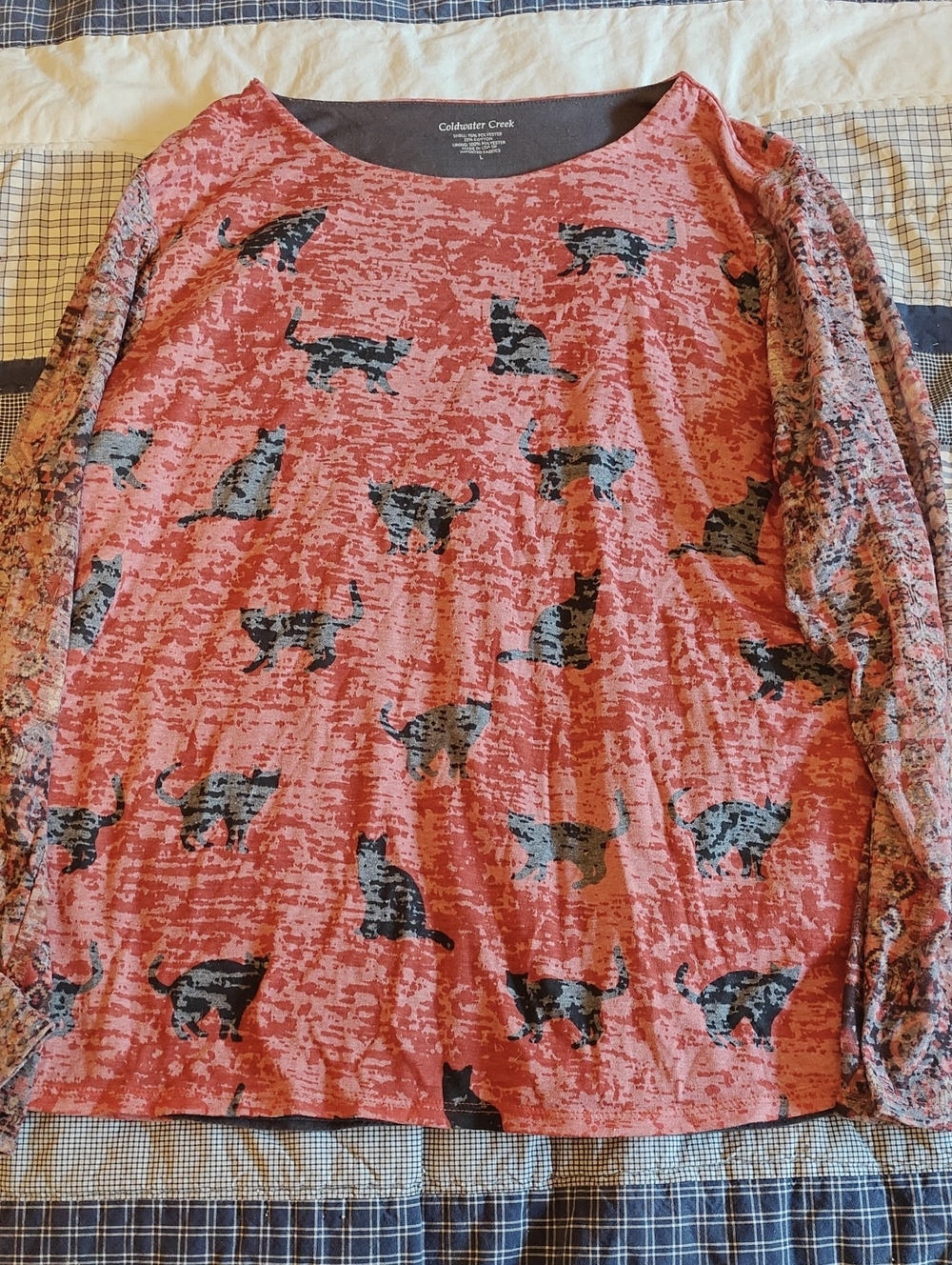 Halloween! Coldwater Creek Coral Long-Sleeve Top with Black Cat Print, L
